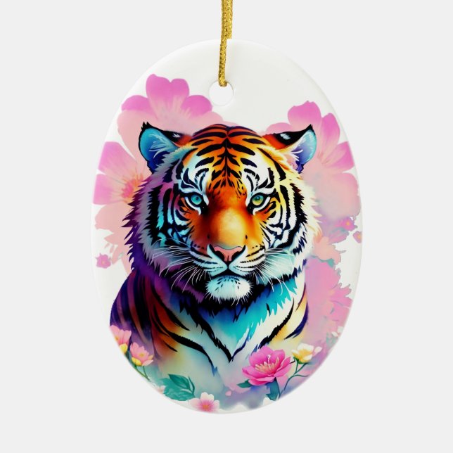 Cute Tiger Flowers  Ceramic Ornament (Front)