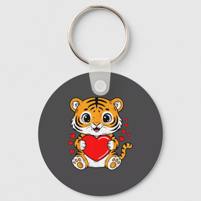 Cute Tiger Holding Heart Kawaii Valentines Day Men Key Ring (Front)