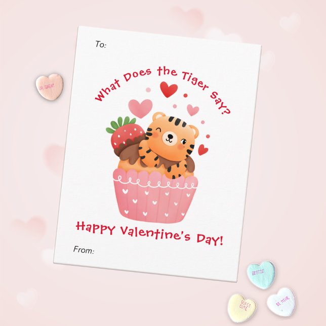 Cute Tiger in Cupcake Custom Kids Valentine's Day Holiday Card (Creator Uploaded)