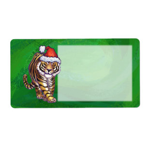 Cute Tiger in Santa Hat On Green