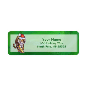 Cute Tiger in Santa Hat On Green Return Address Label