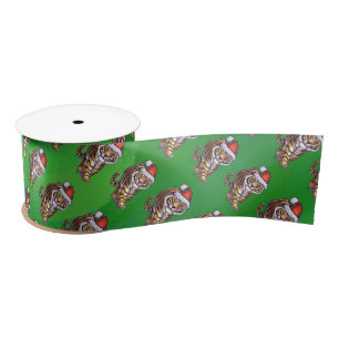 Cute Tiger in Santa Hat On Green Satin Ribbon