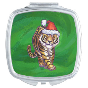 Cute Tiger in Santa Hat On Green Travel Mirror