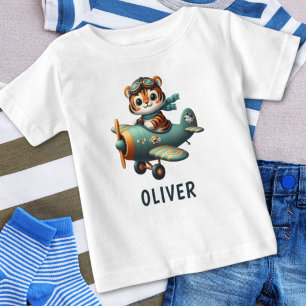Cute Tiger Kid Flying a Plane Personalised Baby T-Shirt