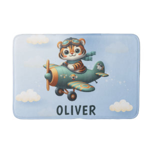 Cute Tiger Kid Flying a Plane Personalised Bath Mat