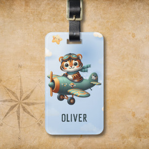 Cute Tiger Kid Flying a Plane Personalised Luggage Tag