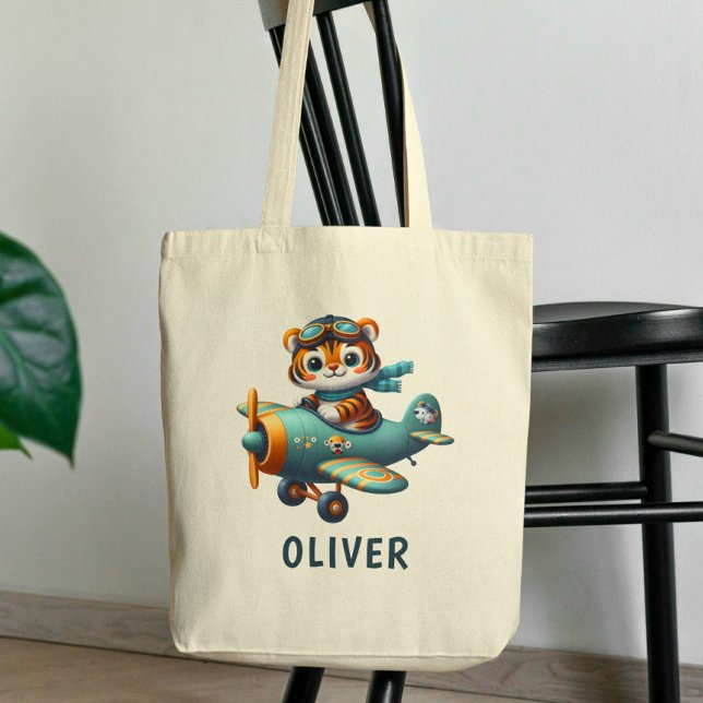 Cute Tiger Kid Flying a Plane Personalised Tote Bag (Creator Uploaded)