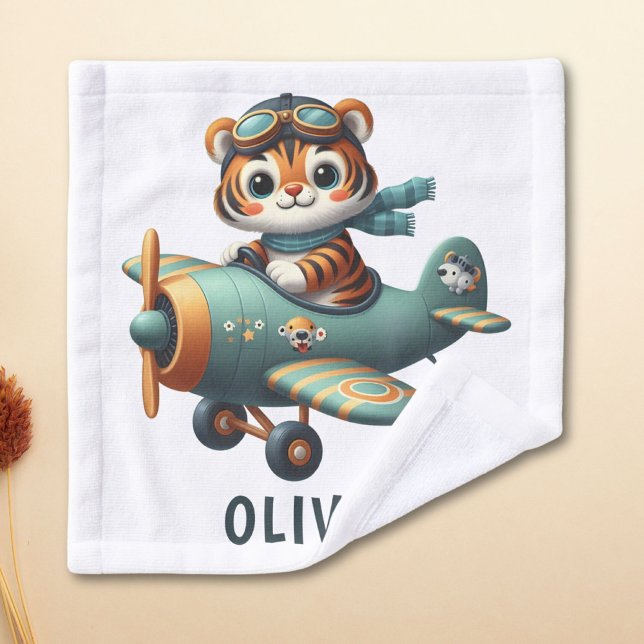 Cute Tiger Kid Flying a Plane Personalised Wash Cloth (Creator Uploaded)