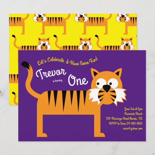 Cute Tiger Kids 1st Birthday Party Invitations (Front/Back)