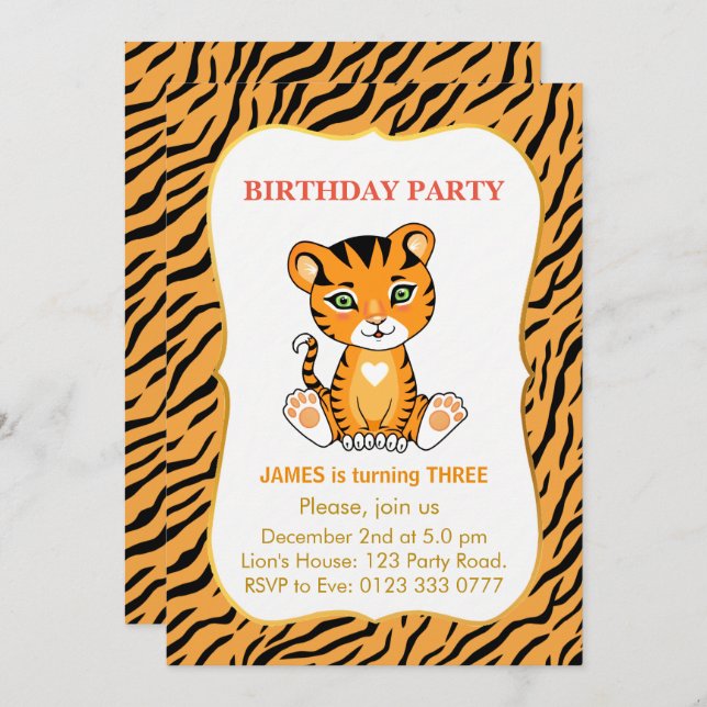 Cute Tiger Kids 3rd Birthday Boy Invitation (Front/Back)