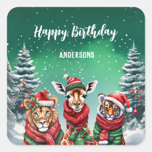 Cute tiger lion Christmas tree birthday girl party Square Sticker