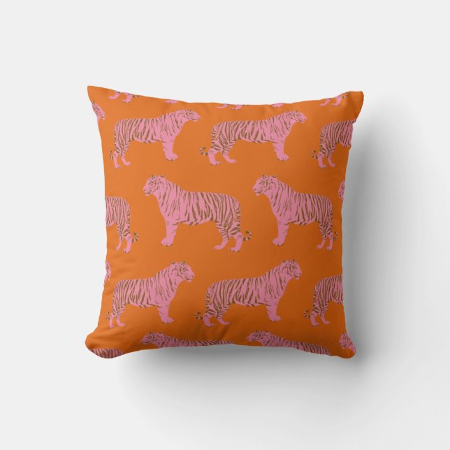 Cute Tiger Pattern in Vibrant Pink and Orange Cushion (Front)