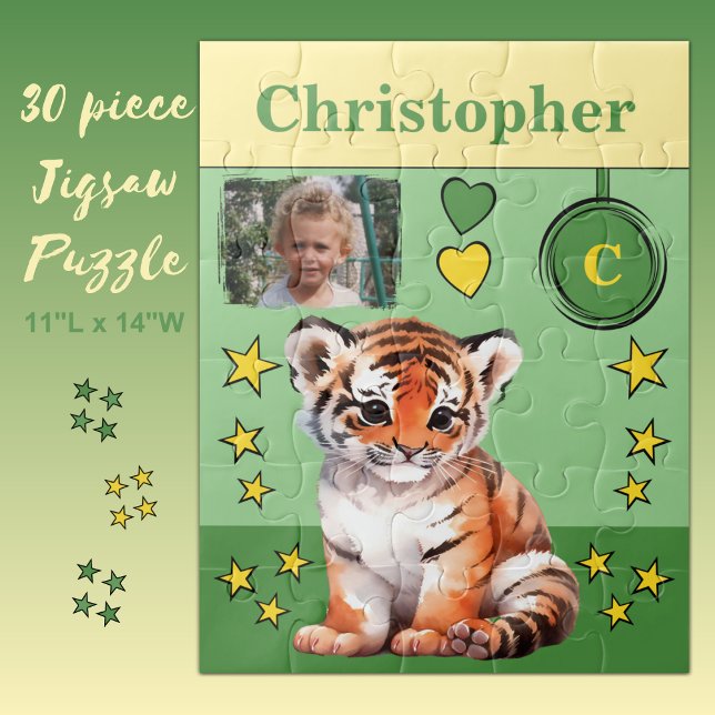 Cute tiger photo name green yellow kids jigsaw puzzle (Creator Uploaded)