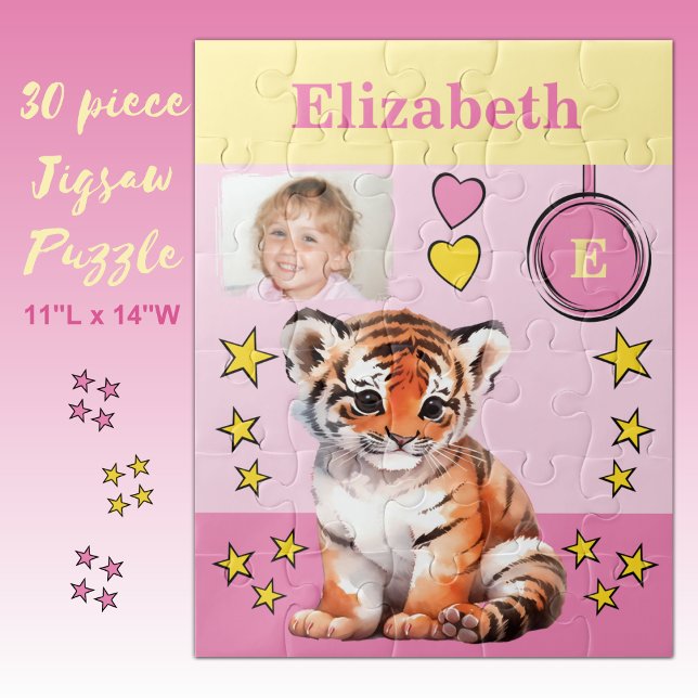 Cute tiger photo name pink yellow kids jigsaw puzzle (Creator Uploaded)