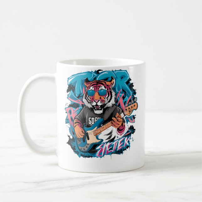 Cute Tiger Playing Bass Guitar Animal Playing Guit Coffee Mug (Left)