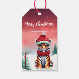 Cute tiger safari Santa Christmas party Snow kids Gift Tags