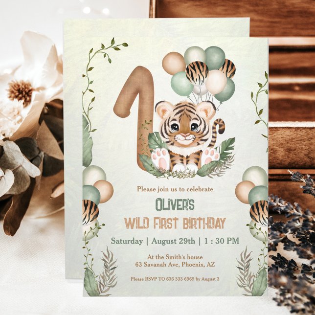 Cute Tiger Safari Wild One 1st Birthday Invitation (1st Birthday invitation with little tiger. )