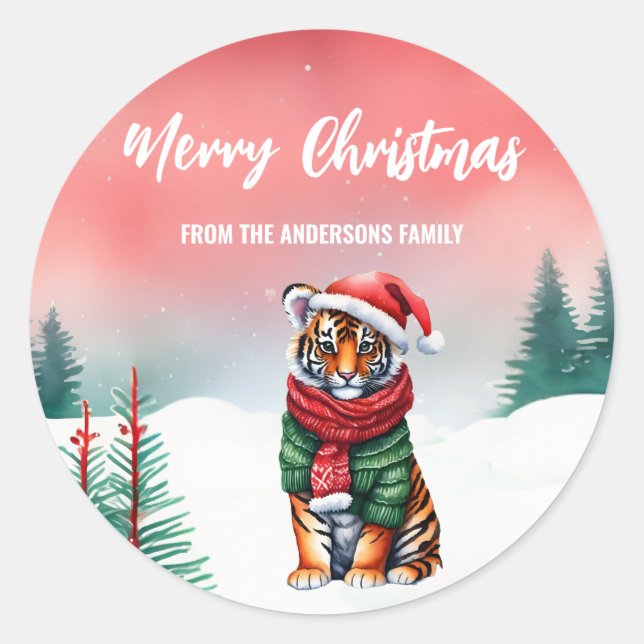 Cute tiger safari wild Santa Christmas party kids Classic Round Sticker (Front)