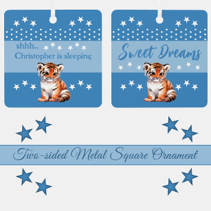 Cute tiger shhh add name is sleeping blue metal tree decoration