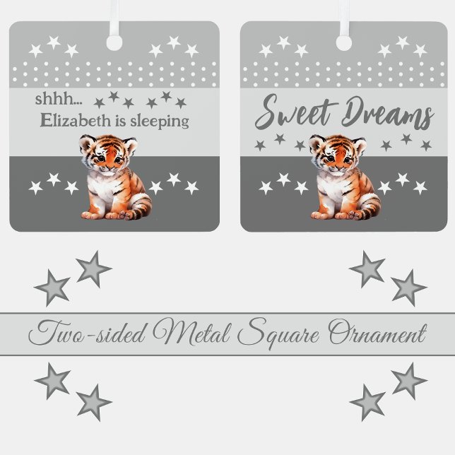 Cute tiger shhh add name is sleeping grey metal tree decoration (Creator Uploaded)
