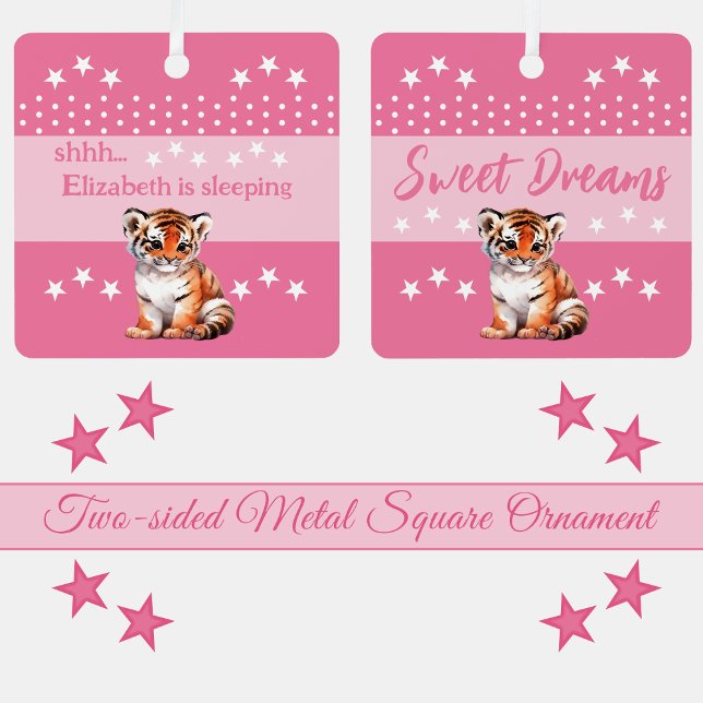 Cute tiger shhh add name is sleeping pink metal tree decoration (Creator Uploaded)