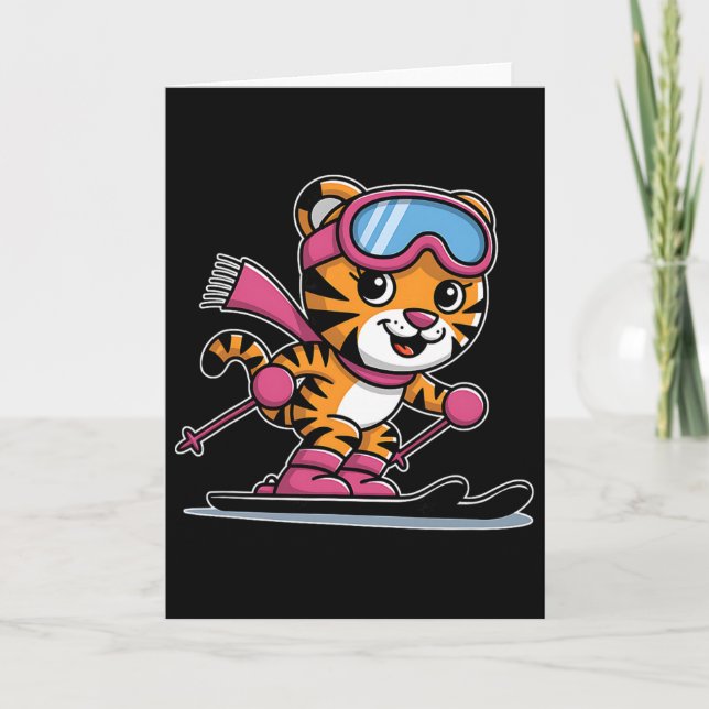 Cute Tiger Skiing Pink Goggles Winter Adventure  Card (Front)