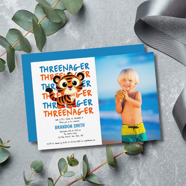 Cute Tiger Threenager Boy 3rd Birthday Party Photo Invitation (Cute Tiger Threenager Boy 3rd Birthday Party Photo Invitation
)