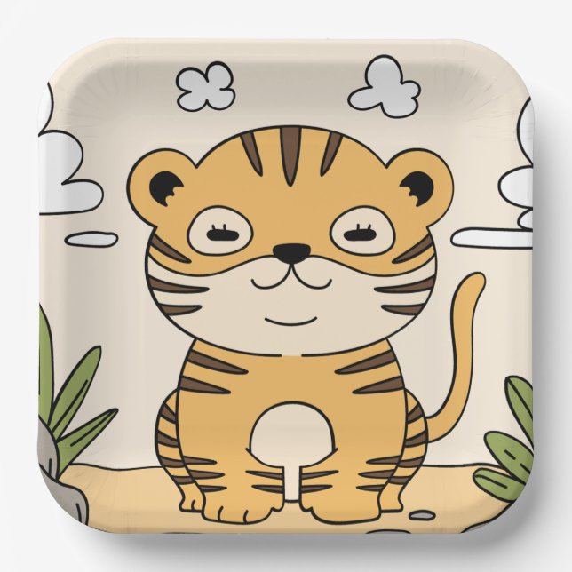 Cute Tiger Wild Animal Jungle Kids Party Paper Plate (Front)