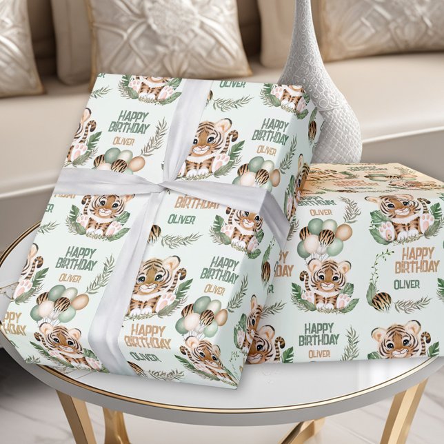 Cute Tiger Wild One Boy 1st Birthday Green  Wrapping Paper (Cute Tiger Wild One Boy 1st Birthday Green Wrapping Paper)