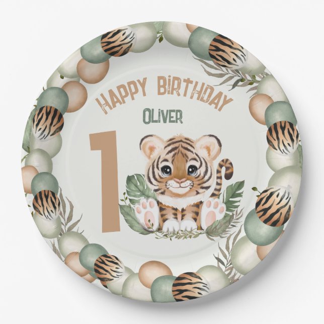 Cute Tiger Wild One Boy 1st Birthday Paper Plate (Front)