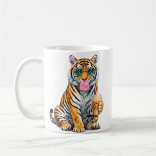 Cute Tiger with Iced Coffee and Heart Sunglasses Mug