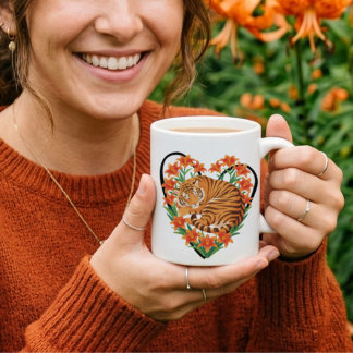Cute tiger with orange lily floral heart coffee mug