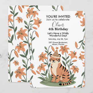 Cute tiger with orange lily Personalised Birthday Invitation