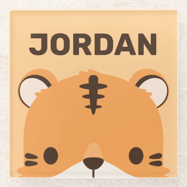 Cute Tiger with Personalised Name Glass Coaster (Front)