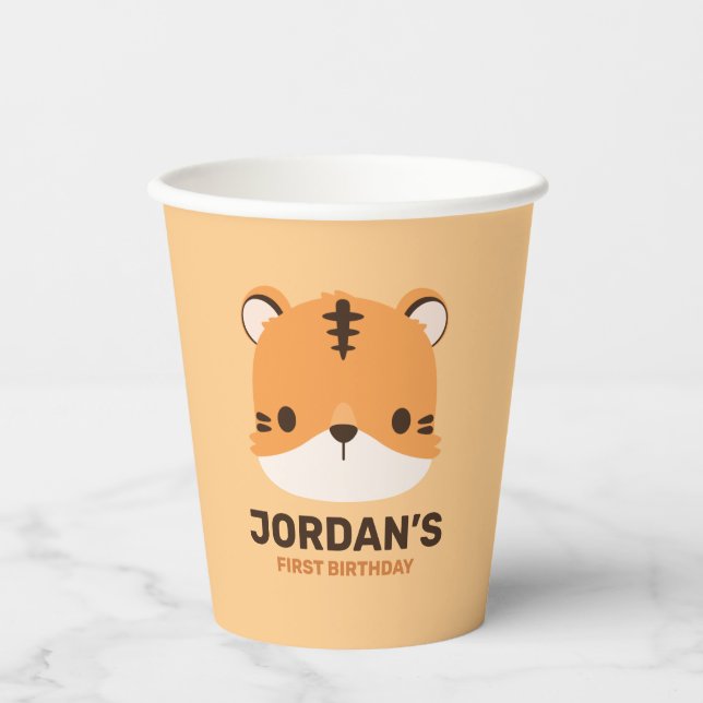 Cute Tiger with Personalised Name Paper Cups (Front)