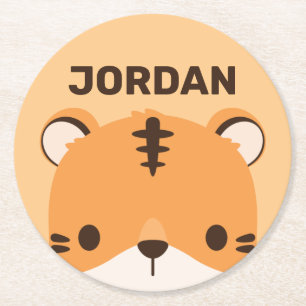 Cute Tiger with Personalised Name Round Paper Coaster