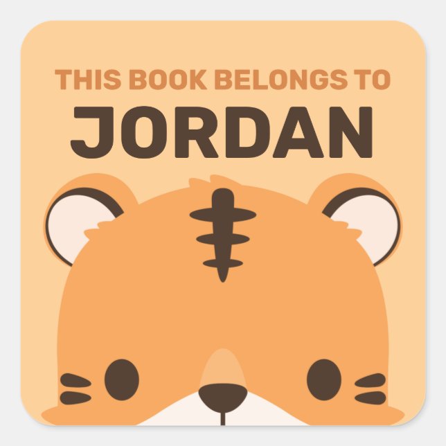 Cute Tiger with Personalised Name Square Sticker (Front)