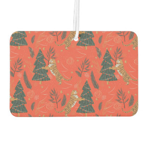 Cute tigers and Christmas trees pattern on orange Car Air Freshener