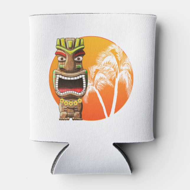 Cute Tiki Statue Beach Sunset Can Cooler (Front)