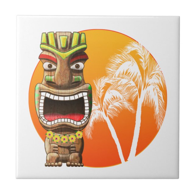 Cute Tiki Statue Beach Sunset Ceramic Tile (Front)