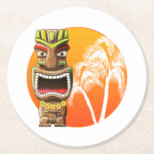 Cute Tiki Statue Beach Sunset Round Paper Coaster