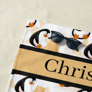 Cute tiled beach penguins add name Beach Towel