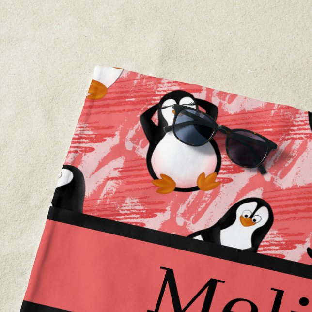 Cute tiled beach penguins add name towel (In Situ)