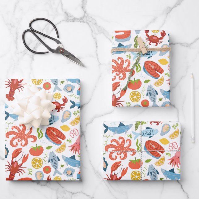 Cute tiled beach seafood pattern party wrapping paper sheet (Front)