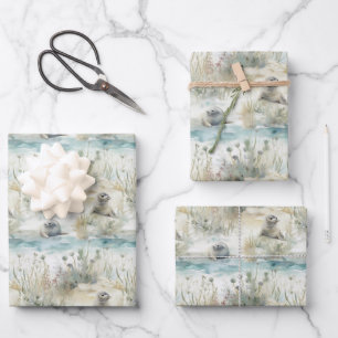 cute tiled beach seal lovers party wrapping paper sheet