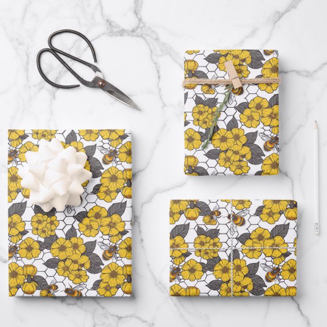 Cute tiled bee pattern party  wrapping paper sheet (Front)
