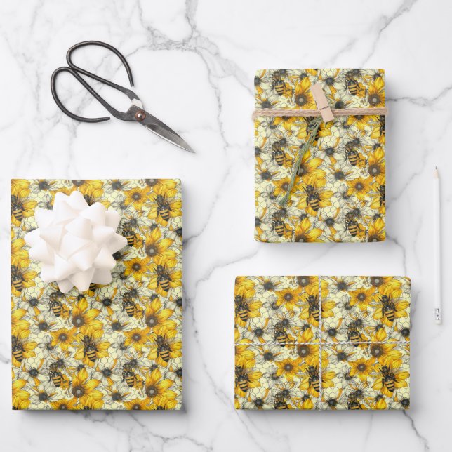 Cute tiled bee pattern party  wrapping paper sheet (Front)