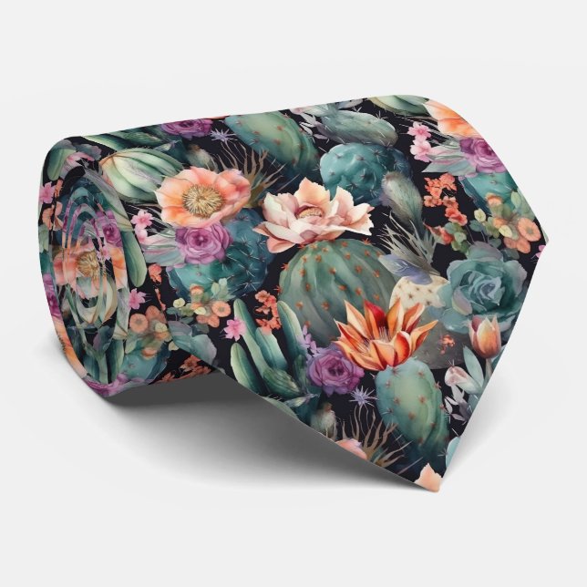 cute tiled cactus flowers pattern  tie (Rolled)