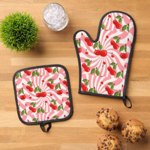 Cute tiled cherry pattern oven mitt & pot holder set