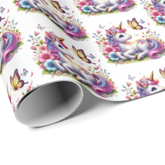 Cute tiled girls unicorn party  wrapping paper (Roll Corner)